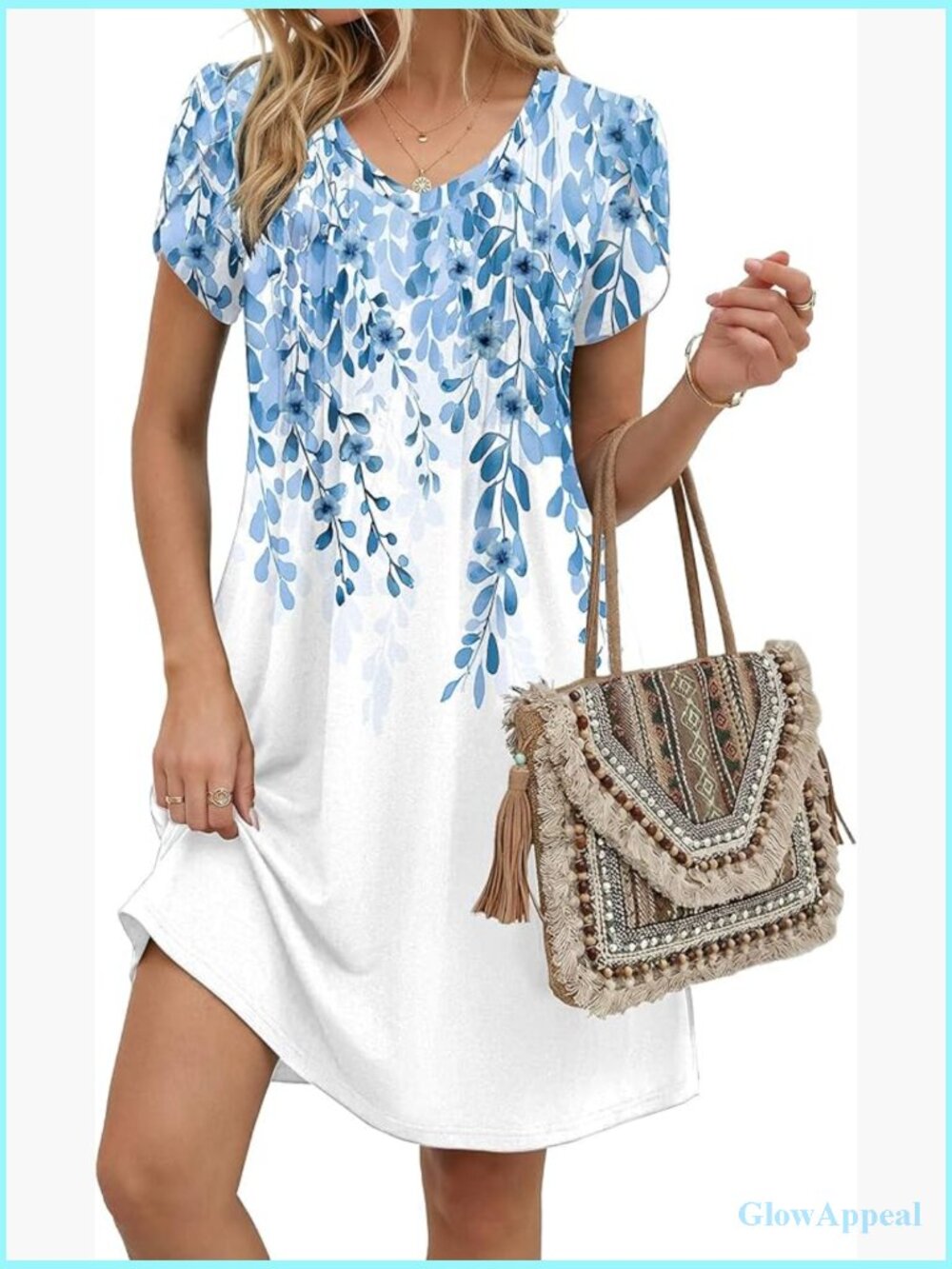 V Neck Pleated Casual A Line Dress Floral Boho Sundress - Picture 1 of 6